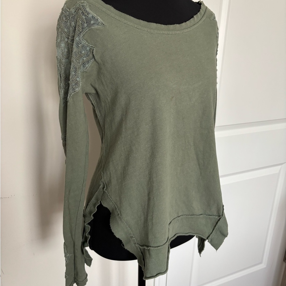 FP Movement by Free People Sage Green Long Sleeve Lace-Shoulder Top